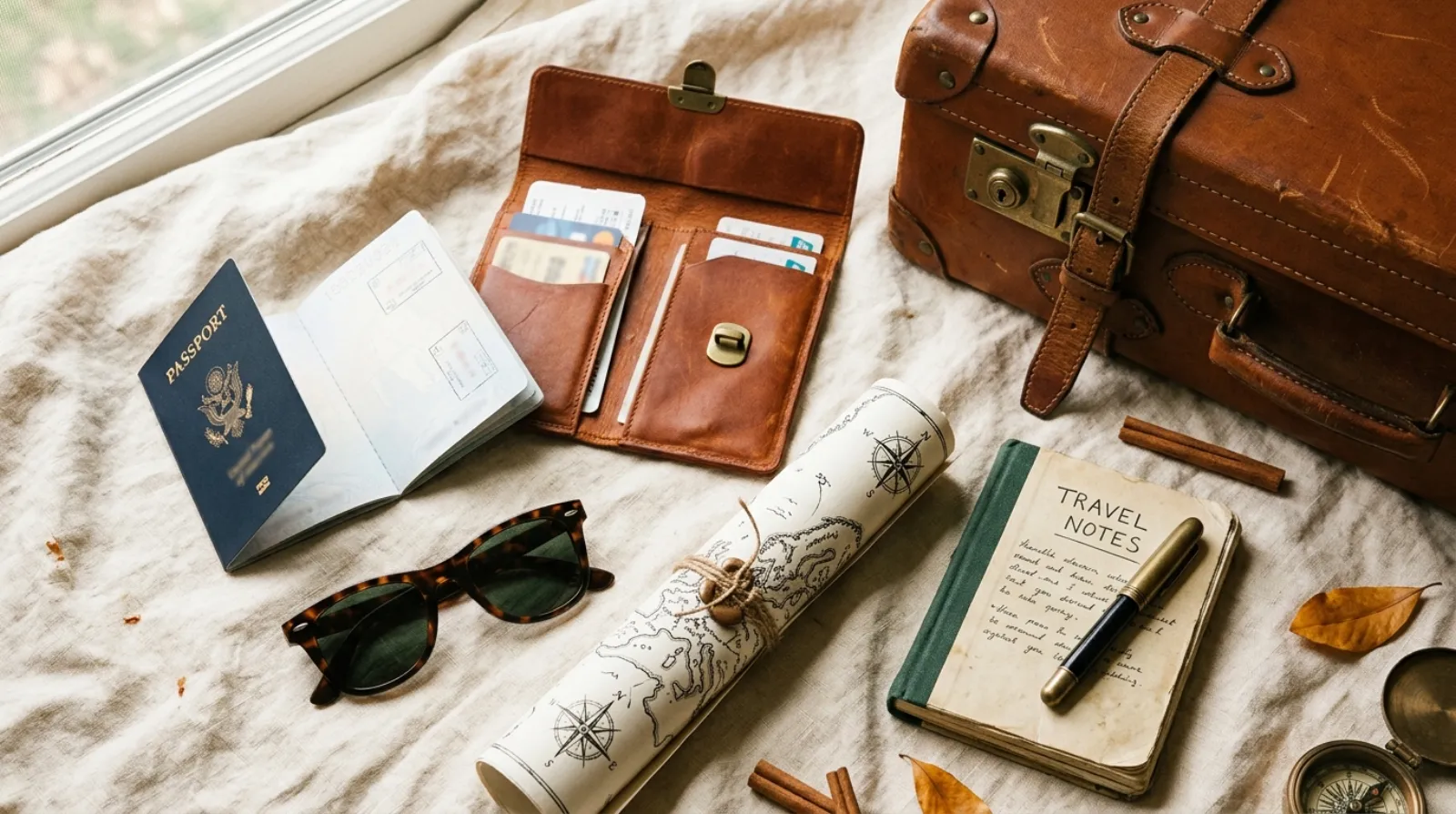 Travel flat-lay with passport, sunglasses, and a hand-drawn 5-day itinerary