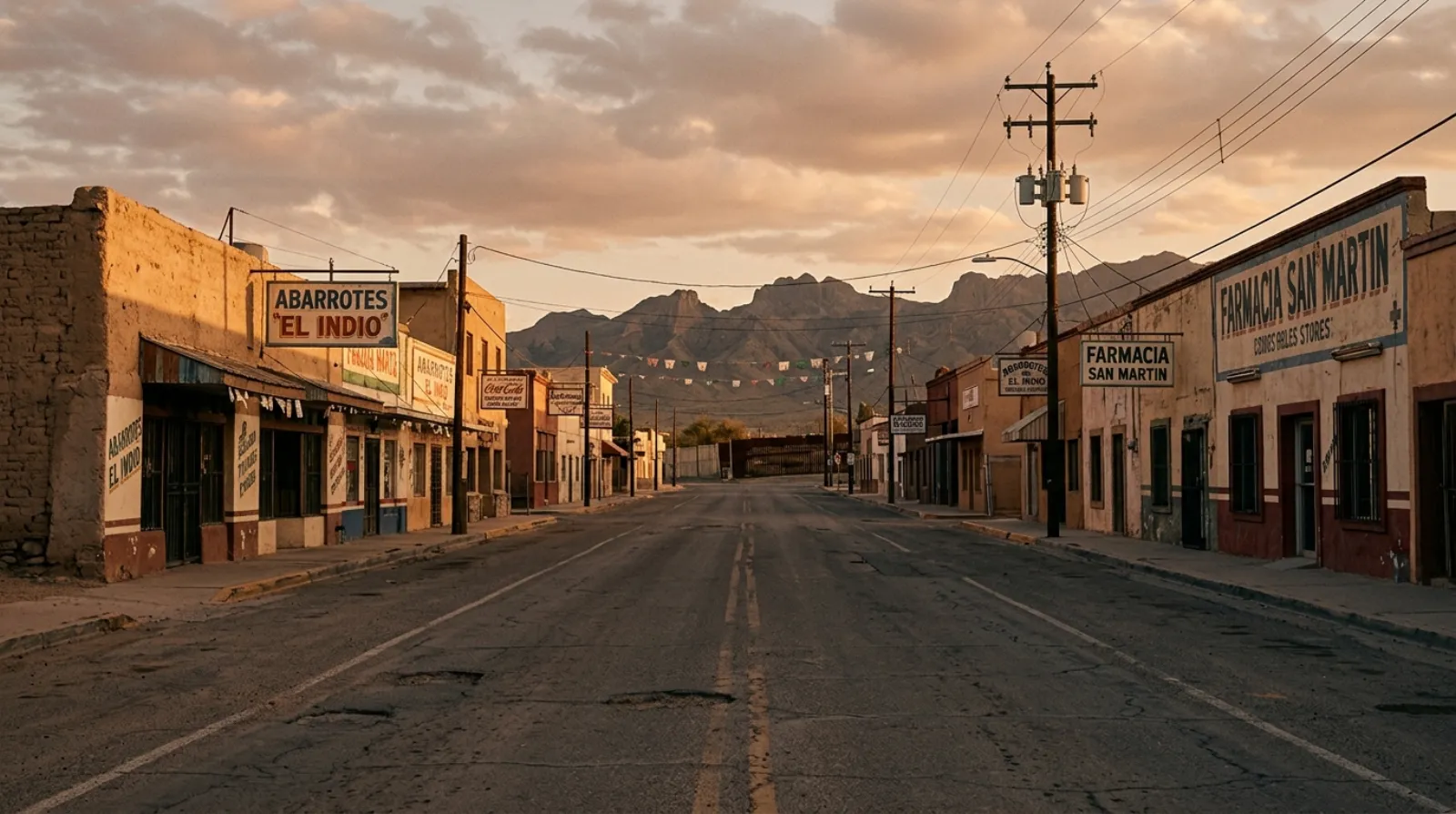 Quiet border-town main street at golden hour, US-Mexico border region