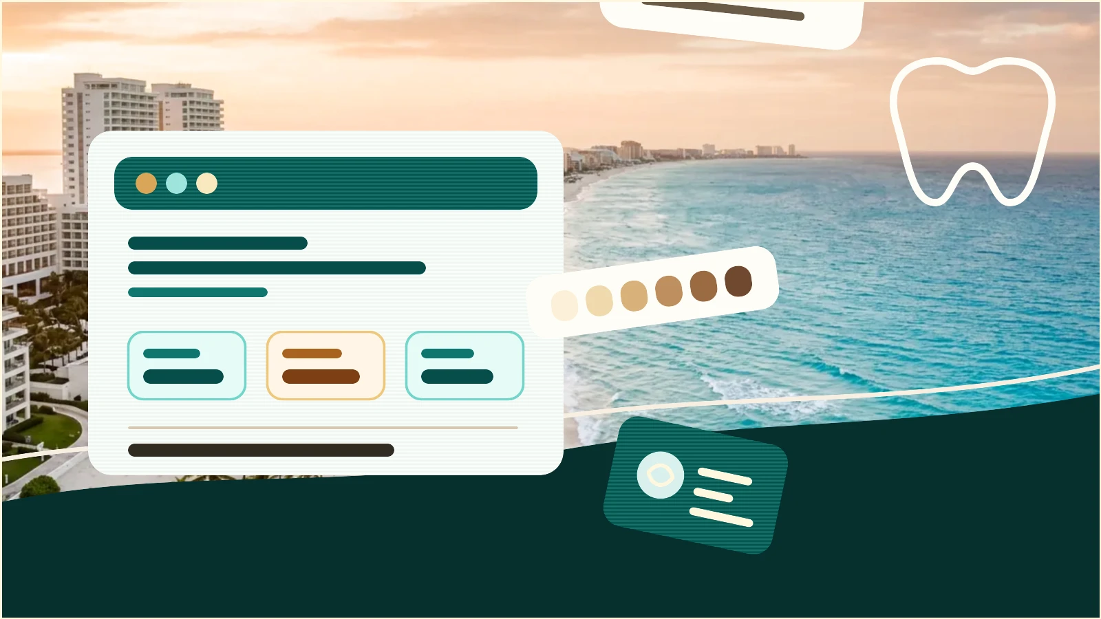 Editorial graphic showing a Cancún dental vacation cost plan with clinic notes and beach recovery