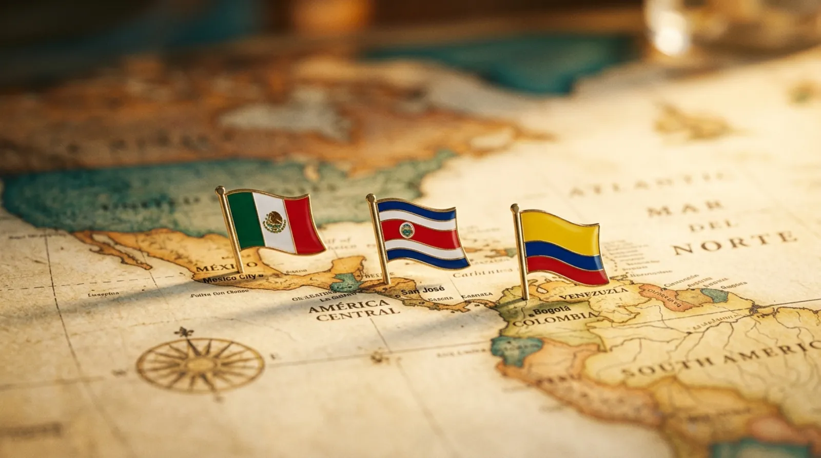Three small flags representing Mexico, Costa Rica, and Colombia on a desk