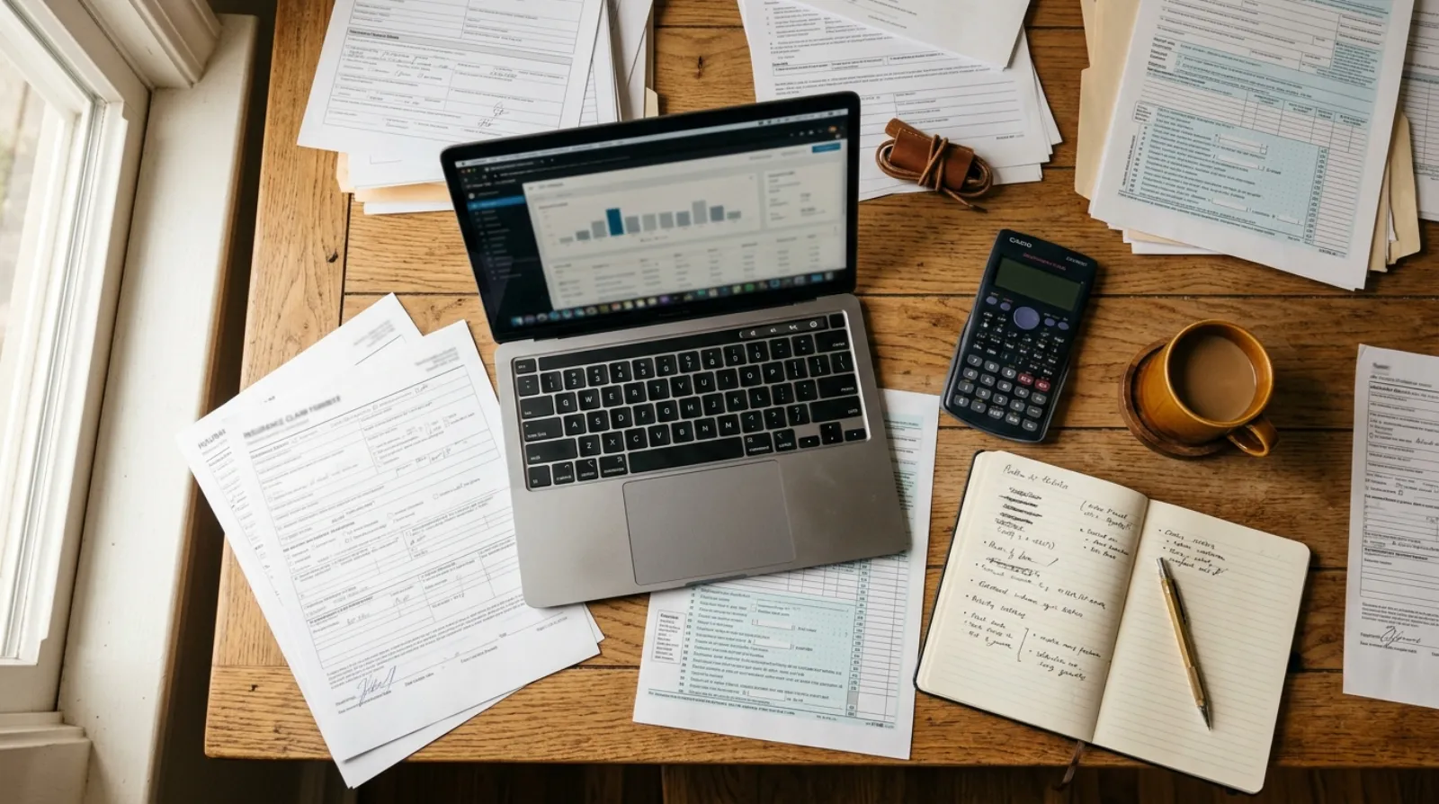 An organized desk with insurance paperwork, calculator, and a dental receipt
