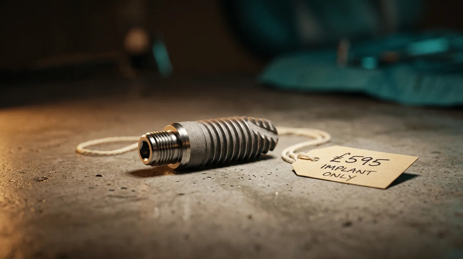 A single titanium dental implant resting next to a price tag