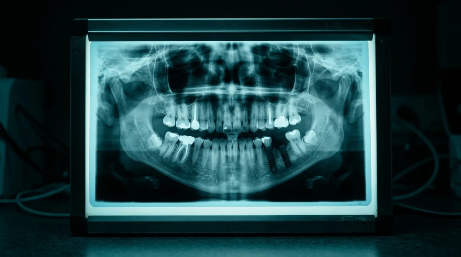 A dental X-ray on a backlit lightbox showing an implant in the lower jaw