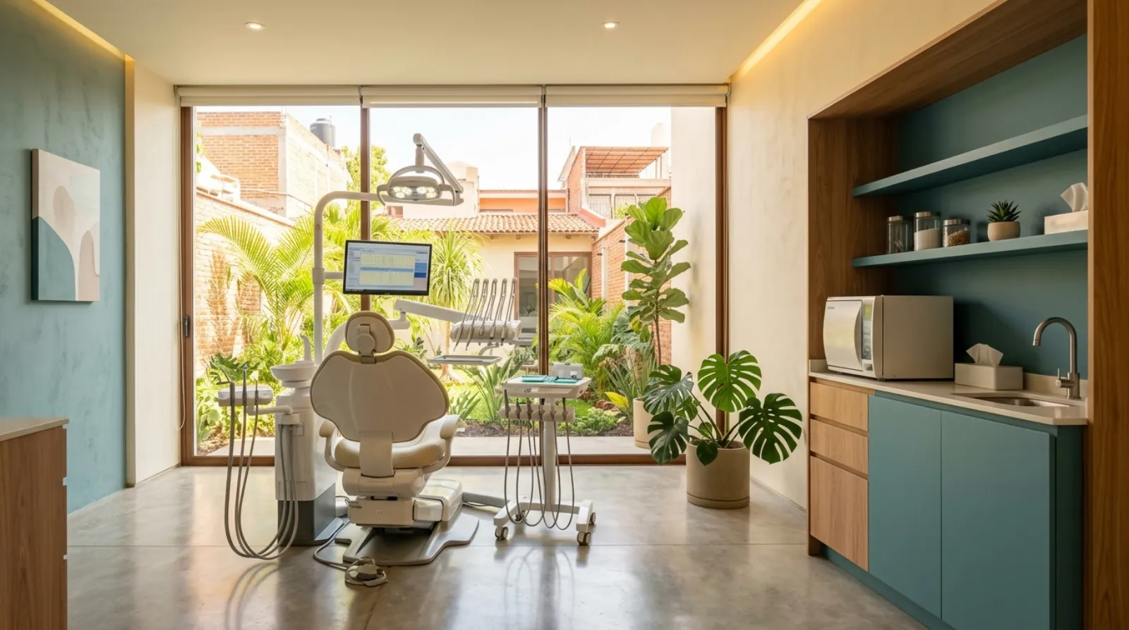Bright, modern dental operatory with sterilization equipment in view