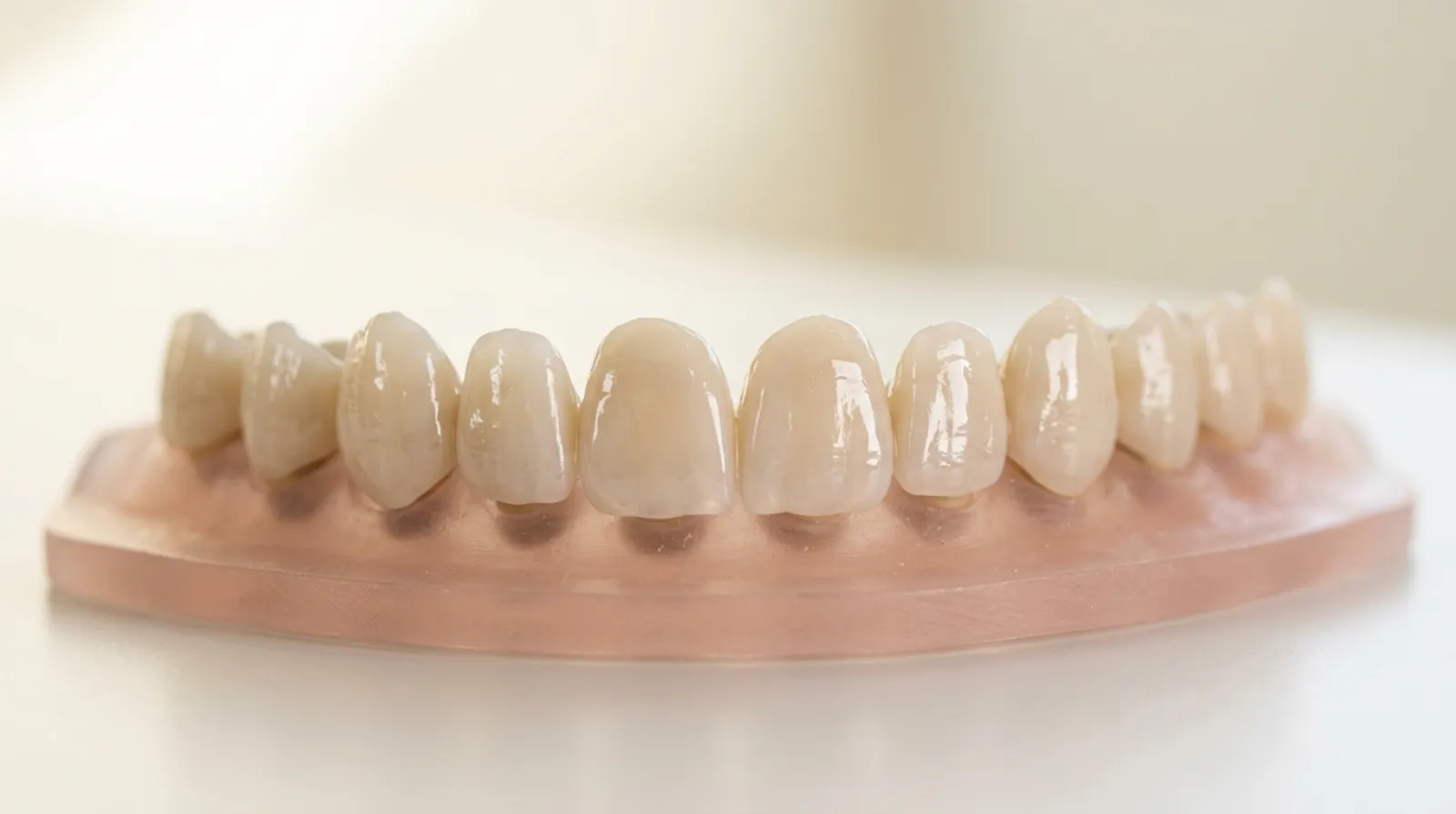 A row of porcelain dental veneer shells on a clinical tray