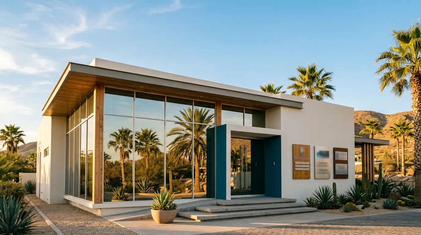 Modern dental clinic exterior with palm trees